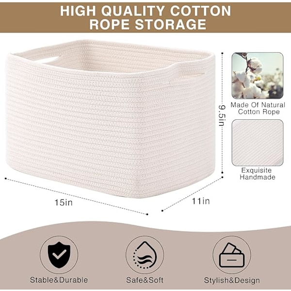 Oppbevaringskurver for organisering av hyller, vevde bomullsrepskurver for babyrom, bok, leketøy, håndkleorganisator, 38x28x24 cm, 1 pakke, off-white