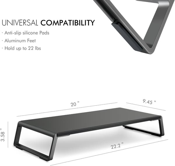 Multiskjermstativ med en solid 50,8 x 24 cm plattform og plassbesparende metallben med oppbevaring. black