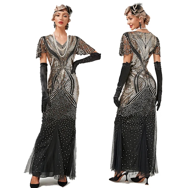 Uusi 1920-luvun vartalonmyötäinen kalahamemekko verkolla koristellulla V-pääntiellä ja paljeteilla, Great Gatsby -juhlamekko, emäntämekko, Vestido De Festa, vain mekko dress only M