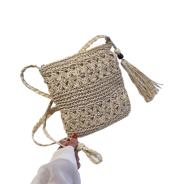 HHL Beach Woven Straw Shoulder Bag With Tassel Boho Hollow Crochet Crossbody Handbag