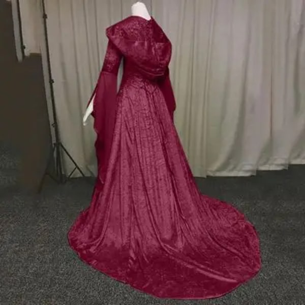 Keskiaikainen retro goottilainen huppari noita pitkä hame luksus juhlamekko naisille cosplay vampyyri Halloween aikuisten puku viininpunainen wine red L