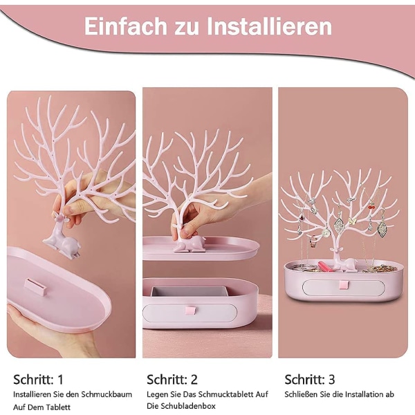 Trädsmyckesställ, örhängehållare för kvinnor, örhängehållare, smyckeshållare, med lådor för antler armbandsställ, present till damer (rosa)