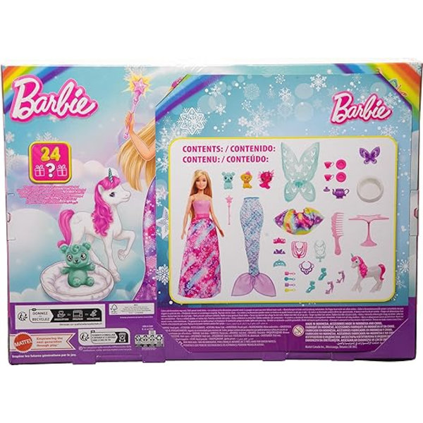 Barbie Dreamtopia Docka och Adventskalender med 24 Överraskningar som Sagotillbehör, Sjöjungfru-Fée Kläder och Enhörning och DraksdjurF&QF&Q