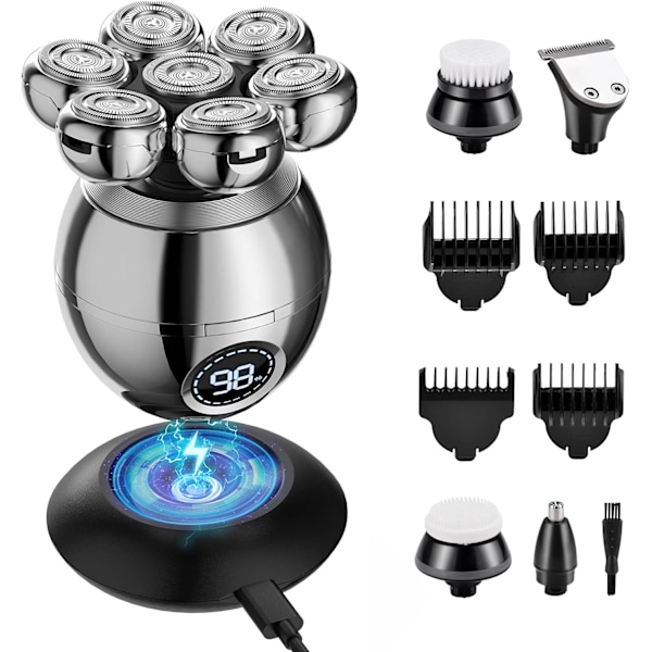 7D SkalpHodebarbermaskin for Menn, Beedove 6 i 1 Våt/Tørr Elektrisk Barbermaskin for Ansikt og Hode