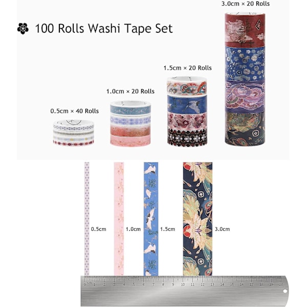 100 rullar Washi-set Multi Pattern Washi Tape Tape Dekorativt papper Maskeringstejp för DIY Journal Planner