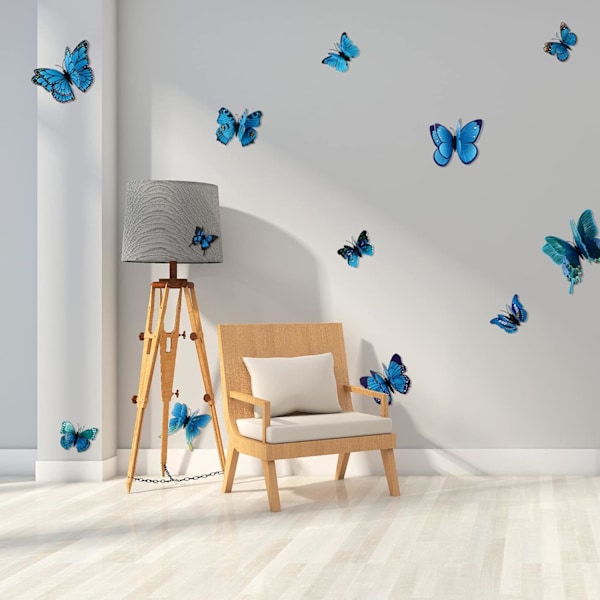 Avtakbar 3D sommerfugl veggklistremerke dekorasjon (dobbelt lag - blå/12 stk) Blue