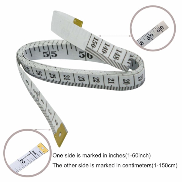 Mjukt måttband med dubbla skalor för kroppssömnad, flexibelt linjal för viktminskning, medicinsk kroppsmätning, sömnad, skräddarsydd hantverk, vinyl linjal, (vit)
