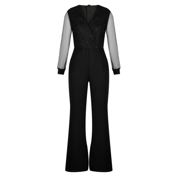 Jumpsuits för kvinnor kvinnors solid V-ringad mesh paljetter Guld pulver långärmade jumpsuits. Black XL