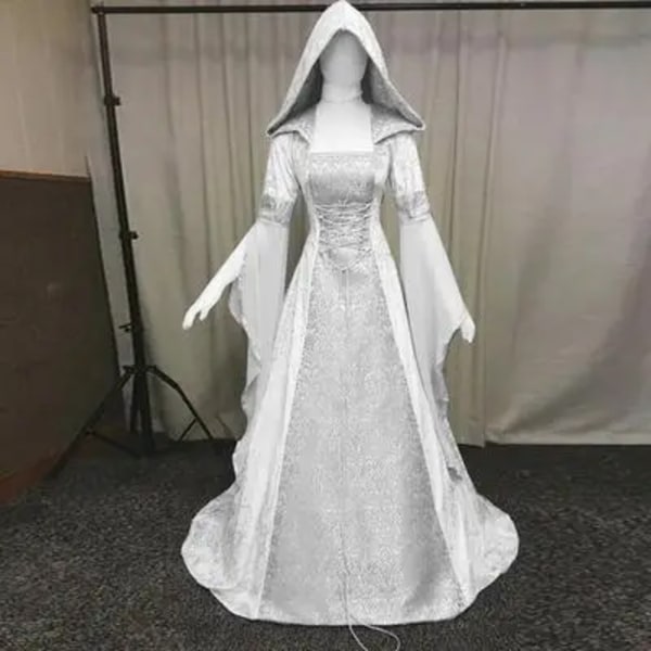 Medeltida Retro Gotisk Huvtröja Häxklänning Lång Kjol Lyxig Festklänning För Kvinnor Cosplay Vampyr Halloween Vuxen Dräkt Vit white 5XL