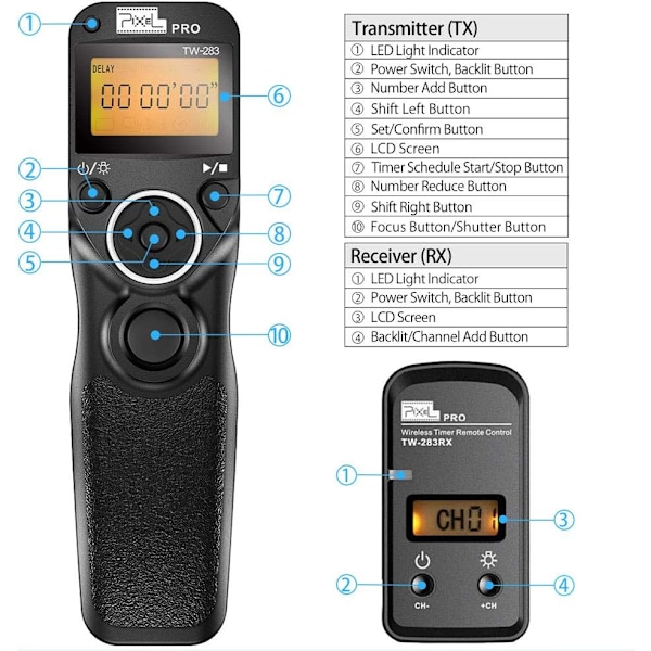 TW-283 DC2 Digital Trådlös Fjärrkontroll Intervallometer Kabelutlösare Fjärrslutare med Timer för Nikon-kameror