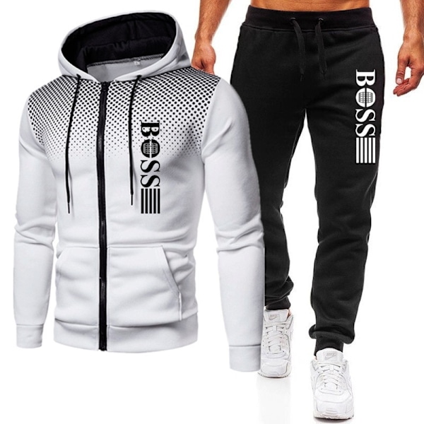 Höst Vinter Träningsset för Män, Sportkläder, Hoodie, Jacka, Sweatshirt, Joggingbyxor Vit-Svart Vit-Svart White-Black M