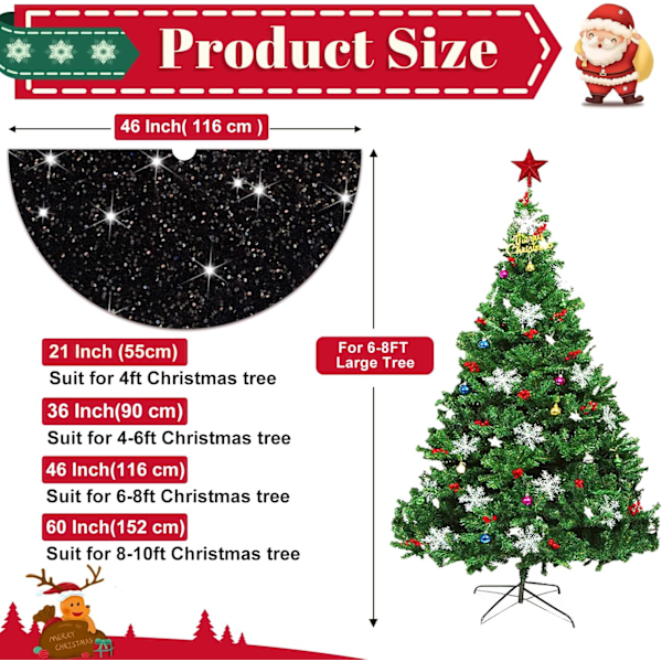 48 Tums Svart Sekvenstreeskjørtet, Glitterstoff, Juletrematte, Shimmer Juletre Skjørt for Kunstig Juletre Halloween Black Black 122cm