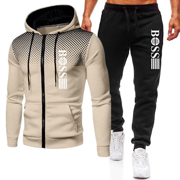 Höst-Vinter Träningsset för Män Sportkläder Hoodie Jacka Sweatshirt Byxor Khaki-Svart Khaki-Svart