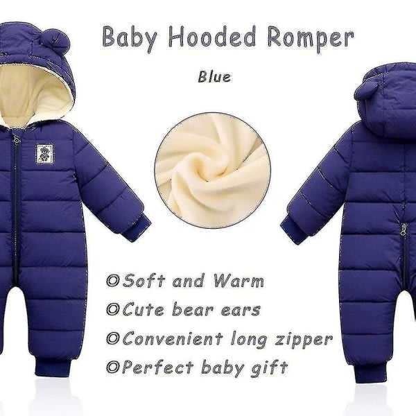 Baby Vinter Jumpsuit med Huva, Romper Snowsuit Pojkar Flickor Långärmad Jumpsuit Varma Outfits Present (marinblå, 66cm) Navy blue 66cm