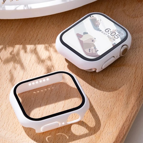 Herdet glass + deksel for Apple Watch-etui 45mm 41mm 44mm 40mm 42mm skjermbeskytter Apple Watch-tilbehør serie 9 4 5 6 SE 7 8 hvit White 3 Series 321 38MM