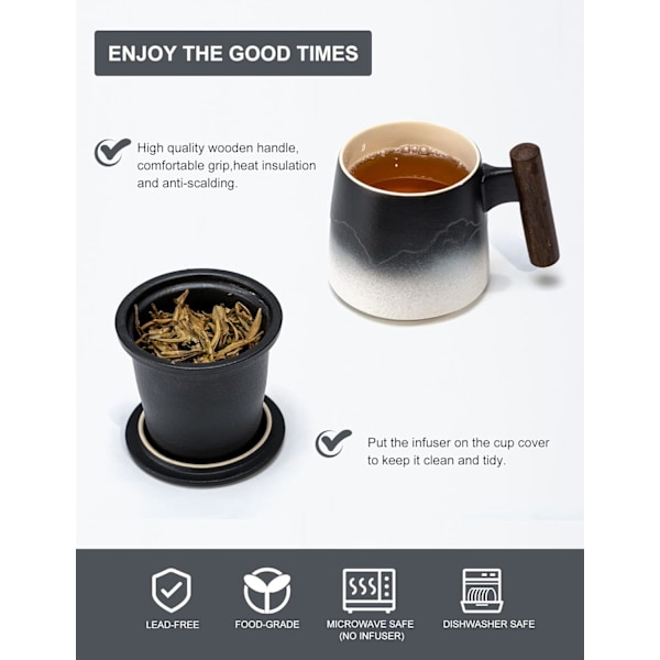 Keramisk Tekop med Infuser og Låg Te Kande Træhåndtag til Brygning af Løse Blade