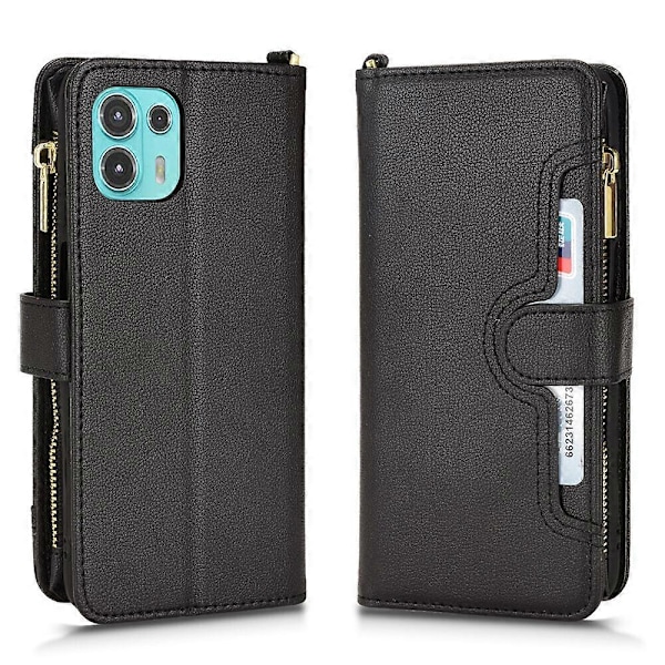 Etui til Motorola Edge 20 Fusion Beskyttelse Lynlås Magnetisk Tegnebog Kortholder PU Læder Flip Etui Sort{GKS} Black A
