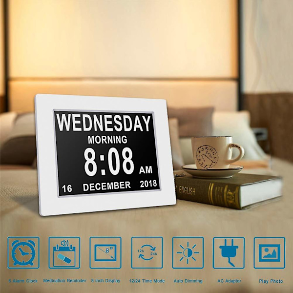 Digital Demensklocka Kalenderklocka Dag Datum Klocka Stor Display Stor Tydlig Oförkortad Tid och Datum WhiteUS