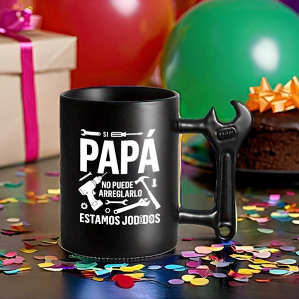 Morsom kopp til pappa - Hvis pappa ikke kan fikse det... - Original farsdagsgave - 350ml - Svart kopp med håndtak formet som en skiftenøkkel
