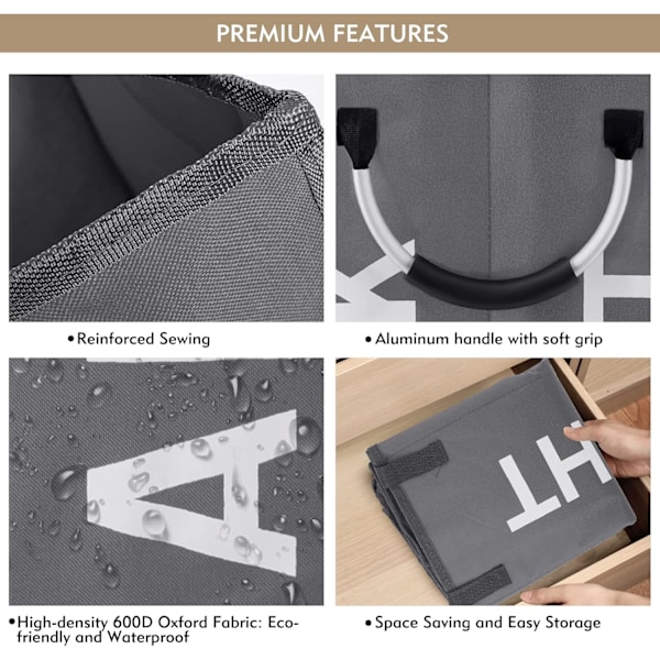 Stor sammenklappelig vasketøjskurv til 3-rum vasketøjskurv til soveværelse, stof (mørkegrå)