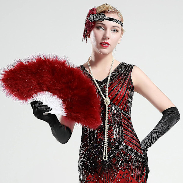 Fjer Vifte, Vintage Folde Vifte Flapper Håndvifte - Red