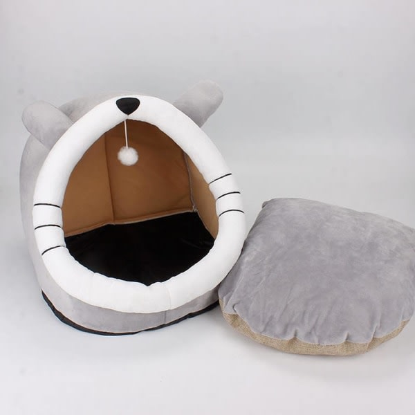 (L-48x45x40cm,Grå katt)Kattsäng Tvättbar grottmatta för liten hund plysch med avtagbar säng för katt och