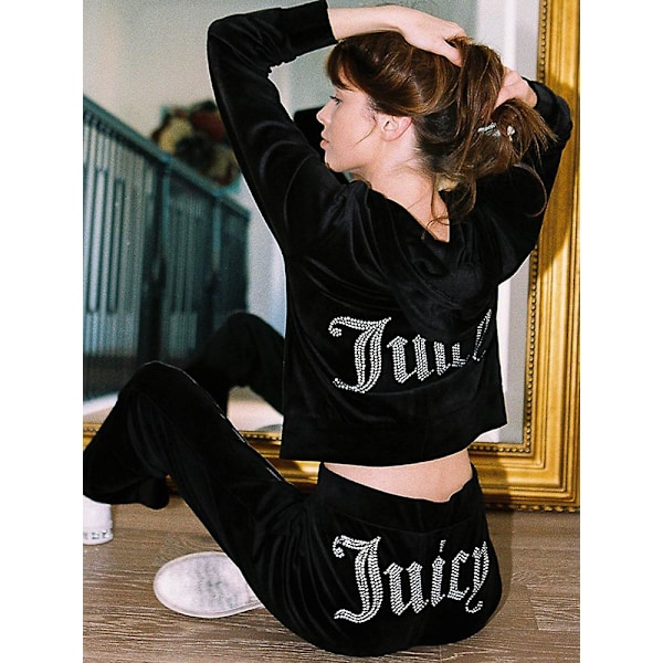 Velor Juicy Stitching Suit Hoodies Velvet Zipper Sweatshirt Og Bukser Sæt Sportswear 2023 Kvinner Vår/Høst Treningsdress Crop Top Svart Black S