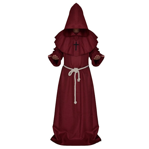 JUSTUP Halloween Cosplay Kostym Kapp Suitor Medeltida Huva Munk Renässans Präst Robe Kostym Cosplay (Röd, Storlek L)