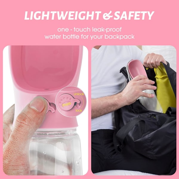 Hundvattenflaska, läckagesäker bärbar vattenbehållare för valpar med dricksskål för husdjur, utomhuspromenader, vandring, resor (560 ml Rosa)