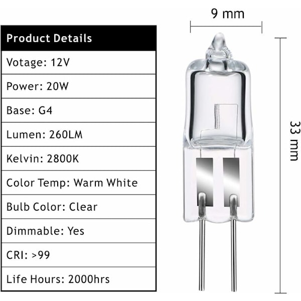 G4 Halogenlampor, G4 Halogen Stiftsockellampa 12V 20W, 2800K Dimbar Varmvit G4 Klar Kapsellampa 20-pack