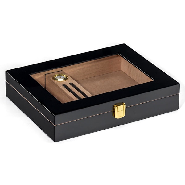 Högpolerad cigarrhumidor cigarrlåda för 10-15 cigarrer, äkta massivt spanskt cederträ, lyxig hygrometer och luftfuktare, D