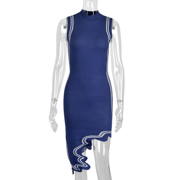 Damklänning Mode Casual axelbandslös kontrastrandig stickad tröjaklänning (marinblå M)