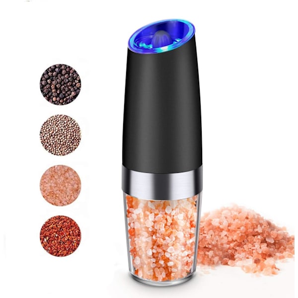 Salt- eller pepparkvarn Gravity Elektrisk Saltkvarn Batteridriven Pepparkvarn Justerbar Malningsgrad med Blått LED-ljus Svart