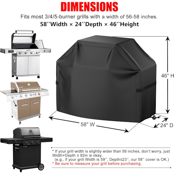 Grillskydd, 58 tum BBQ Gasgrillskydd för utomhusgrill, Vattentätt, Anti-UV, Rivsäkert, Färgfast Material, Grillskydd med Svart