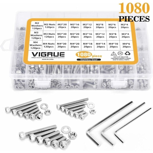 MINKUROW M2 M3 M4 Sett 1080 Stykker Rustfritt Stål Hex Socket Hode Kappe Skruer Muttere og Skiver med Oppbevaringsboks (Sølv)