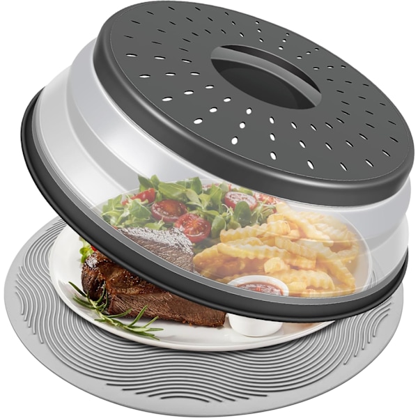 25 cm Mikroaaltouunin Ruoan Suoja & Taitettava Silikonimatto - Roiskesuoja, Lautasenpidike & Keittiön Viemäri Ruoanlaittoon, Hiili