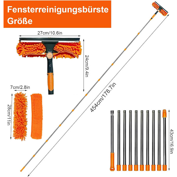 Ikkunanpesin 2-in-1 teleskooppivarrella 4,5 m – Ikkunanpesu korkeille ikkunoille, autolle, suihkulle, sisä- ja ulkotiloihin【GKS】 orange