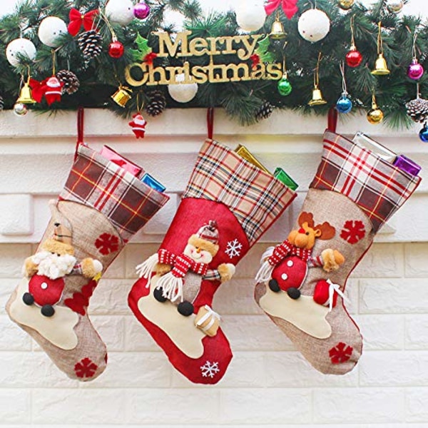 Fireplace Christmas Sock Set Hanging Socks, Christmas Tree & Gift Bags Goodies Bags, Buffalo Plaid, Santa Claus, Snowman, Reindeer