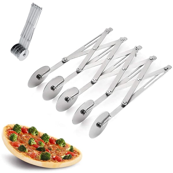 5-hjulig degdelare, 5-hjulig justerbar pizzaskärare i rostfritt stål, 5-hjulig skärare, pizzaskärare med handtag för köksbakning, bakverk, bröd
