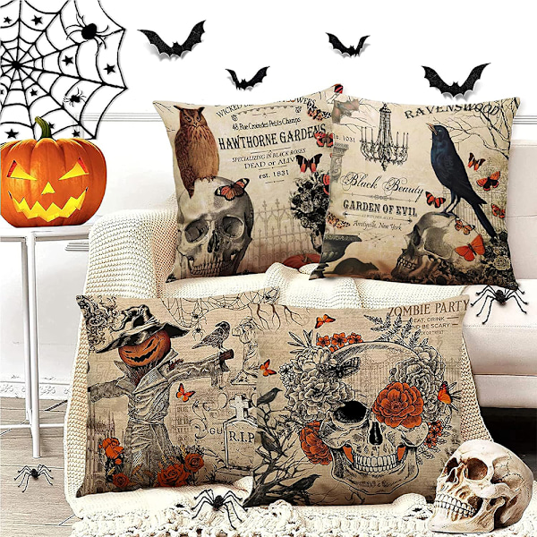 4-pakk Halloween-tyynynpäälliset, pelottava kallo kurpitsa tyyny puuvilla pellava Halloween-koriste pelottava tyynynpäällinen 45 x 45 cm