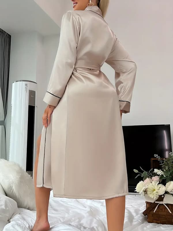 Solid Satin Nattlinne, Elegant Långärmad V-ringad Morgonrock med Bälte, Dam Sovkläder Khaki 1 Khaki Khaki S