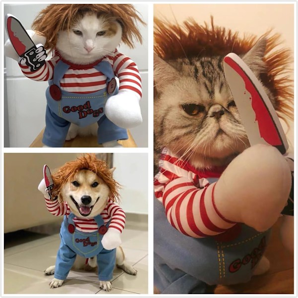 Dødelig dukke hundekostume, Chucky hund cosplay sjov Halloween jule hundekostume fest kostume passer til små mellemstore store hunde (M: Bryst 21\" - 27\")