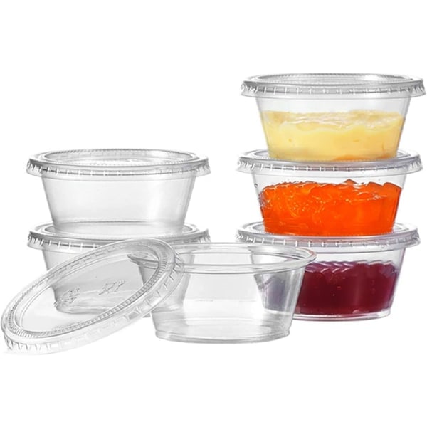 Förpackning med 100 Plastburkar för Sås med Lock, 2OZ/60ml Matbehållare【GKS】