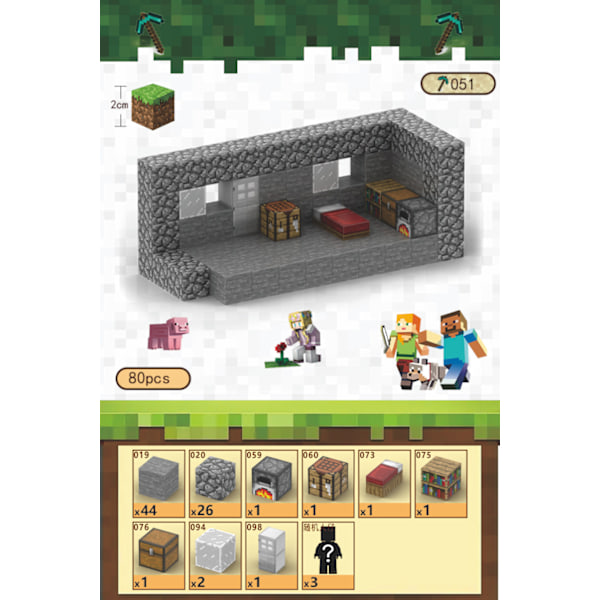 Minecraft Byggklossar med 80 Sexsidiga Magnetiska Kuber (Stenstuga) Stone Cottage