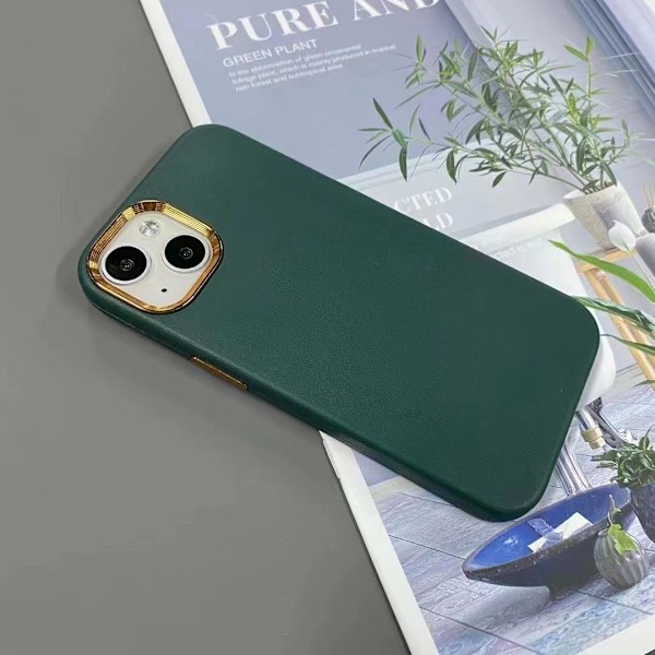 iPhone 13 klassisk deksel i vegansk lær gullramme & gullknapper Gr Green one size