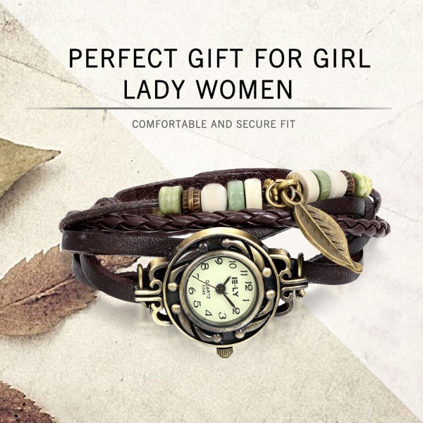 Kvinners klokke, retro flettet lær armbånd armbåndsur med treblad anheng for kvinner jenter 1