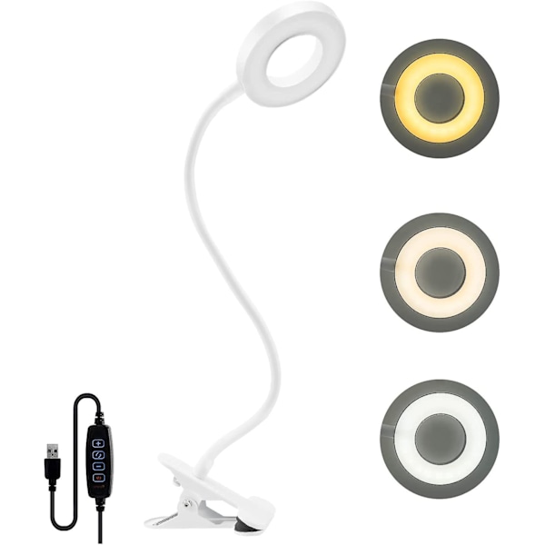Cisea Klemmeskrivebordslampe 48 LED-lys Clip-on Leselampe Justerbar Lysstyrke Nattbordsklemmelampe USB LED Skrivebordslampe for Studier og Arbeid, Hvit