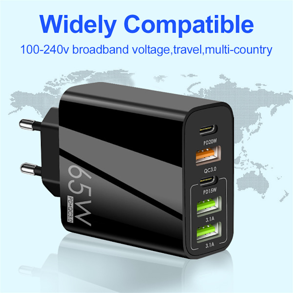 65W PD-lader USB smartphone opladeradapter med type-C PD+3USB telefonoplader og strøm white