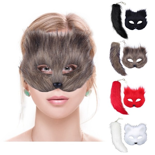 Keinotekoinen turkis ketun hännän kissan naamio Therian naamio ja häntä Halloween Cosplay Party-WELLNGS Musta