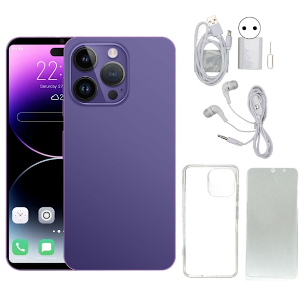 i14 Pro Max 6.1 tommer Mobiltelefon til Androd 11.0 4GB 64GB Smartphone med 7000mAh Batteri 100-240V Lilla